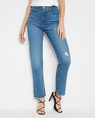 Super High Waisted Medium Wash Distressed Modern Straight Jeans | Express