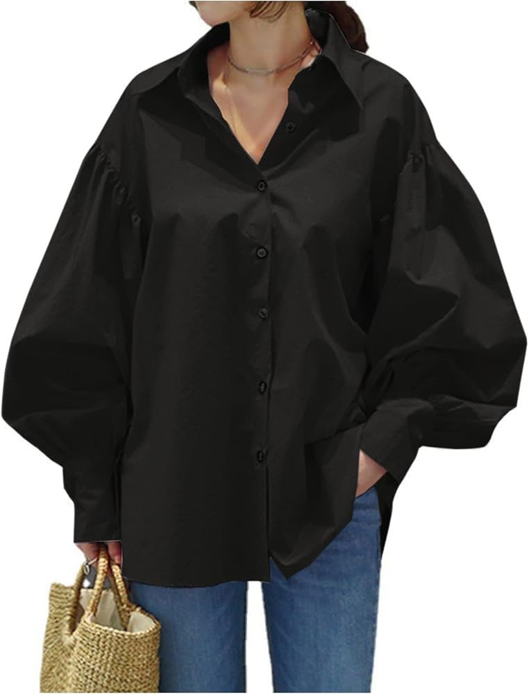 LYANER Women's Collar V Neck Lantern Long Sleeve Blouse Button Dwon Loose Shirt Top | Amazon (US)
