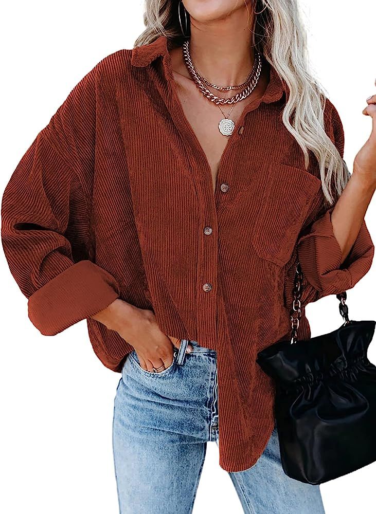 Sidefeel Women Corduroy Long Sleeve Button Down Shirt Oversized Jacket Tops | Amazon (US)