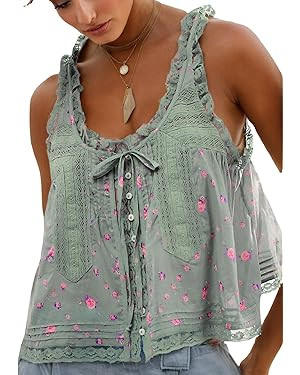 Women Summer Boho Lace Tie Front Tank Beach Vacation Top Button Down Sleeveless Cardigan Crop Y2k... | Amazon (US)