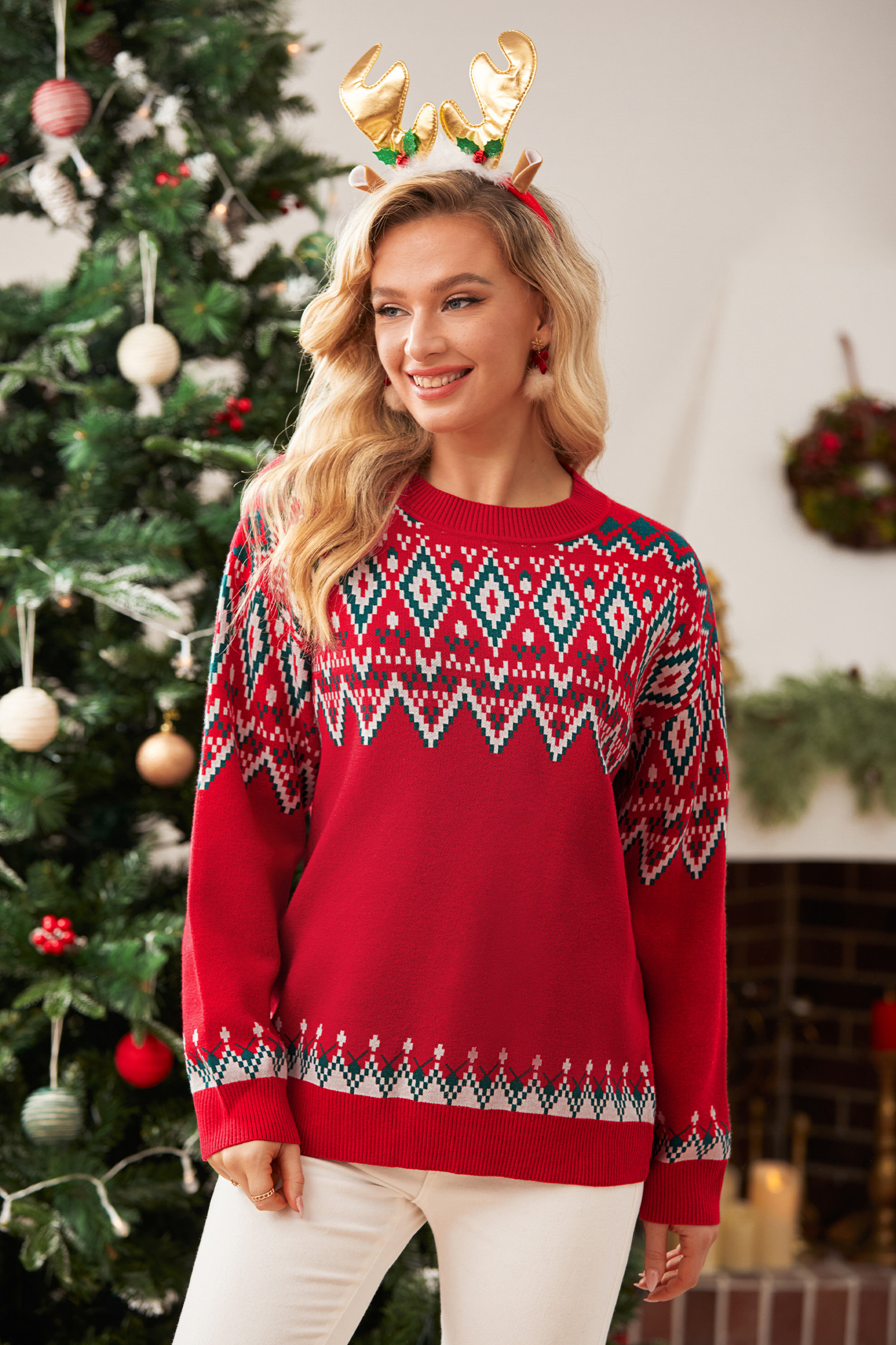Red Festive Holiday Crewneck Sweater - L | Cupshe US