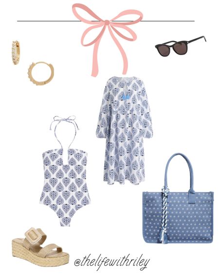 Love this matching swim and cover up outfit 

This gorgeous blue and white print is so perfect for all my grandmillennial and coastal grandmother girlies 

Blue and white is the epitome of classic style in the summer 

This swim outfit is perfect for the beach, pool, cruise or resort 

A travel outfit but also great for at home summer styling 

I love this tote too it gives me Dior book tote vibes 

#LTKstyletip #LTKswim #LTKSeasonal