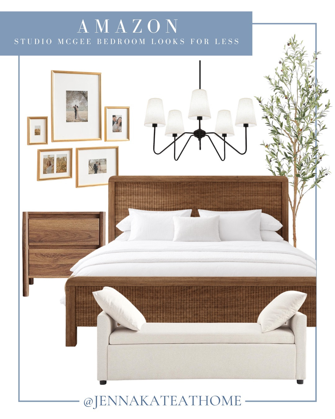 Looks for less bedroom include bed frame, nightstand, upholstered bench, faux tree, wall art, and chandelier.

Home decor, looks for less, styled home, coastal home

#LTKHome #LTKSaleAlert #LTKSeasonal