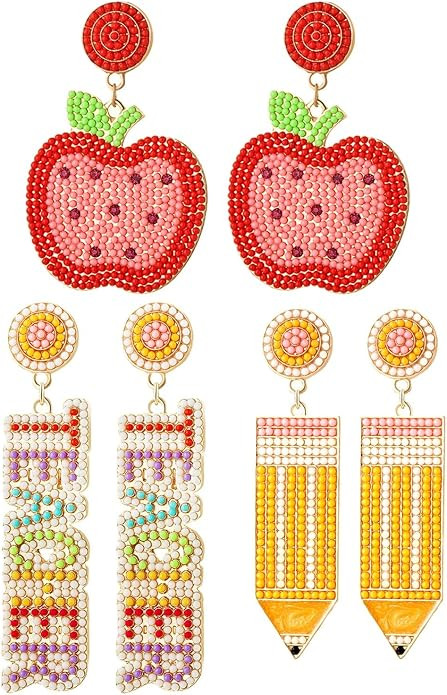 Teacher Earrings for Women Rhinestone Beaded Dangle Drop Pencil FRIYAY Earrings Colorful Teacher ... | Amazon (US)
