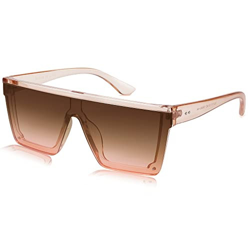 SOJOS Square Big Sunglasses Women Thick Frame Flat Top Mirrored Sunnies Shades Goggle Siamese Lens SJ2117 with Crystal Brown Frame/Gradient Brown Lens | Amazon (US)