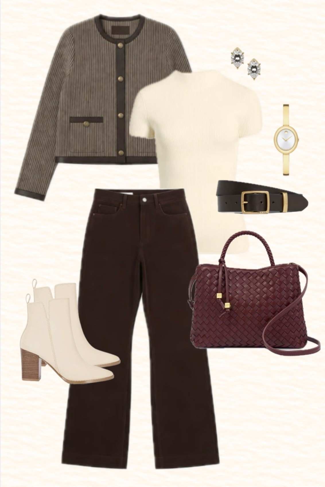 Fall outfit inspiration from my recent sale purchases. Houndstooth leather trim jacket, cream short sleeve mock neck sweater, brown corduroy wide leg pants, brown leather belt, woven leather bag, cream booties and gold accessories. Jacket and pants are still on sale. Would be a great business casual look too. Pants come in both petite and regular length.

#LTKSaleAlert #LTKWorkwear #LTKPetite