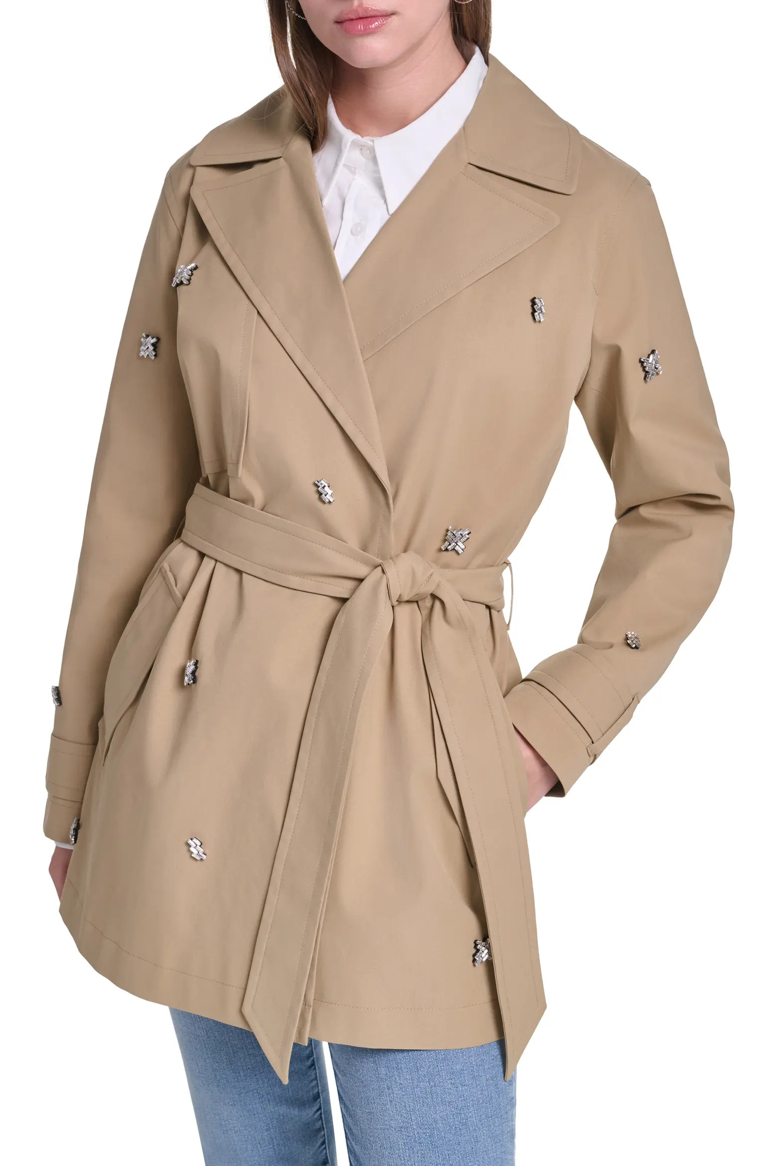 Rhinestone Embellished Short Trench Coat (Women) | Nordstrom | Nordstrom