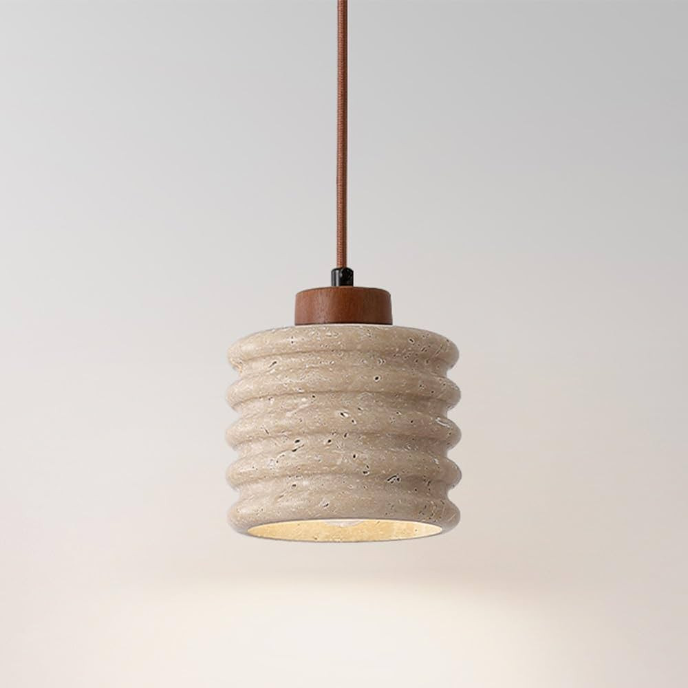 6.3-Inch Farmhouse Natural Stone Pendant Light, Walnut Wood Finish Travertine-Inspired Ceiling Ha... | Amazon (US)