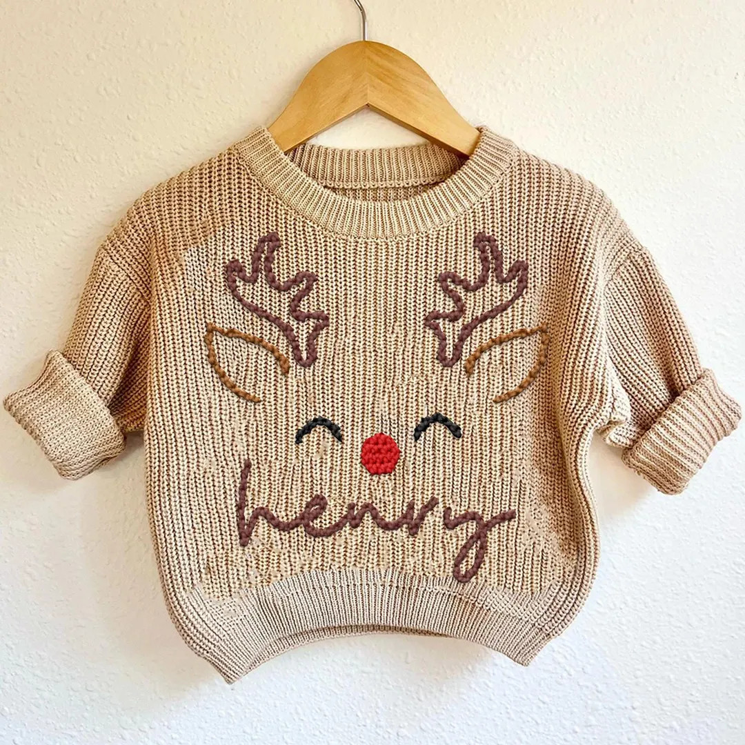 Custom Name Reindeer Baby Deer First Christmas Sweatshirt, Cute X-mas Baby Sweater, Fall Autumn B... | Etsy (US)