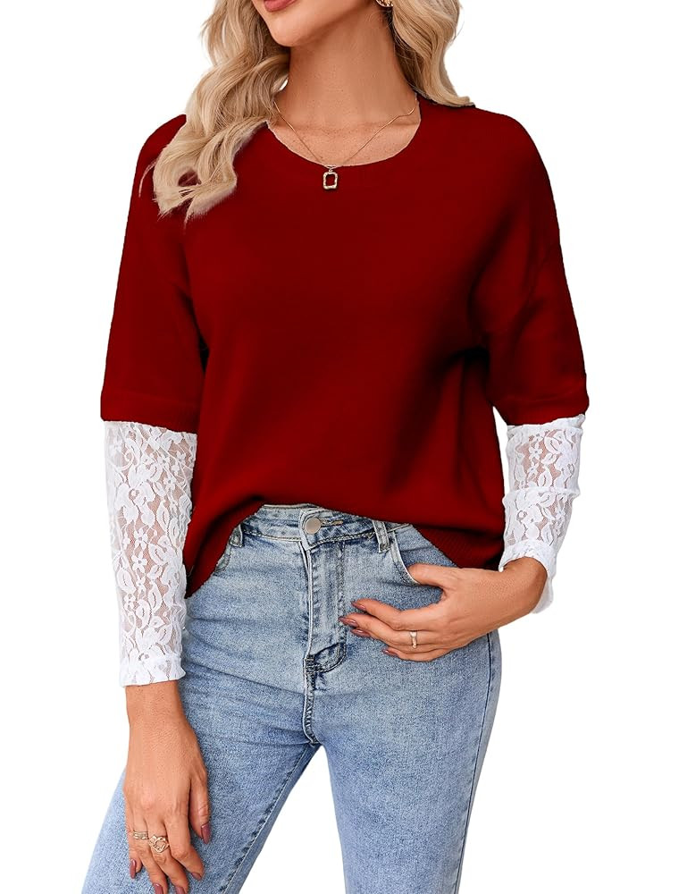 Women's Long Sleeve Sweater Crewneck Lace Patchwork Pullover Casual Lightweight Ribbed Knit Tops | Amazon (US)