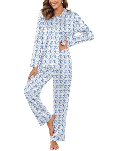 Ekouaer Silk Pajamas for Women Classic Button Down Pj Sets Satin Sleepwear Comfy Long Sleeve Loungewear Blue-Monkey XL | Amazon (US)