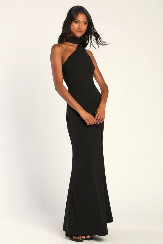 Keep It Interesting Black Asymmetrical Cutout Halter Maxi Dress | Lulus