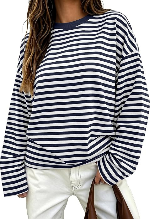 ANRABESS Womens Long Sleeve Shirts Oversized Striped Tops | Amazon (US)