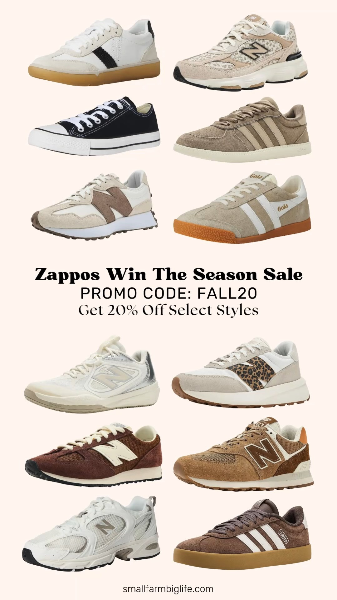Zappos Win the Season Sale is here, their biggest sale of the year, and you can use code FALL20 for 20 percent off select styles from 9/27 through 9/29.

The Linen/Sea Salt/Mushroom New Balance 327 and the Sea Salt/Arid Stone New Balance 530 are both such easy neutral sneakers for autumn outfits, and the brown New Balance 471 and the Stucco/Breakfast Tea New Balance 574 round out the classic New Balance lineup nicely. The Timber Wolf/Gum New Balance 370 and the Linen/Incense New Balance 603 bring that same retro running shoe look in soft, seasonal tones.

The black Converse Chuck Taylor All Star Low Top and the Bone/White Gola Elan are both timeless casual staples, and the Preloved Brown/Chalk White/Gum adidas VL Court 3.0 and the Khaki/Gold/Off White adidas Breaknet Sleek both add a fun, retro sport detail.

For something with a bit more support, the New Balance FuelCell 796 V5 Tennis Shoes are great for staying active, and the White/Black Leather VIONIC City Walk is a comfortable, walkable option for everyday wear.

Don't forget to use code FALL20 at checkout for 20 percent off select styles, all linked for you.

#zappos #sneakers #fallfashion #falloutfits #autumnoutfits 

 #LTKActive #LTKOver40 #LTKSaleAlert