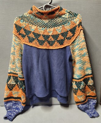 Free People Women Small Knit Tribal Sweater Swit The Small Stuff Mockneck Blue | eBay US