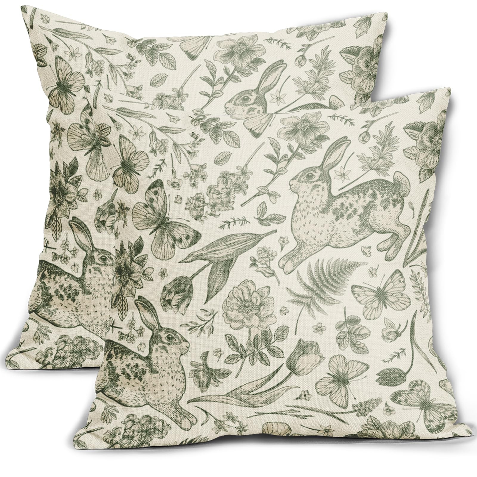 Spring Sage Green Easter Pillow Covers 18x18 Inch Set of 2 Rabbit Bunny Floral Leaf Butterfly Bot... | Amazon (US)