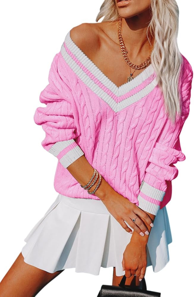 Womens V Neck Oversized Sweaters Long Sleeve Cable Knit Pullover Striped Chunky Sweater Casual Te... | Amazon (US)