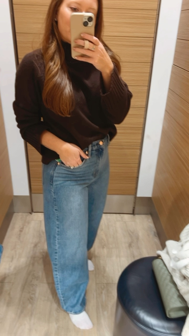 Brown mock neck sweater  - tts wearing a medium 
Barrel jeans - tts wearing a 29

#LTKSaleAlert #LTKWatchNow #LTKFindsUnder100