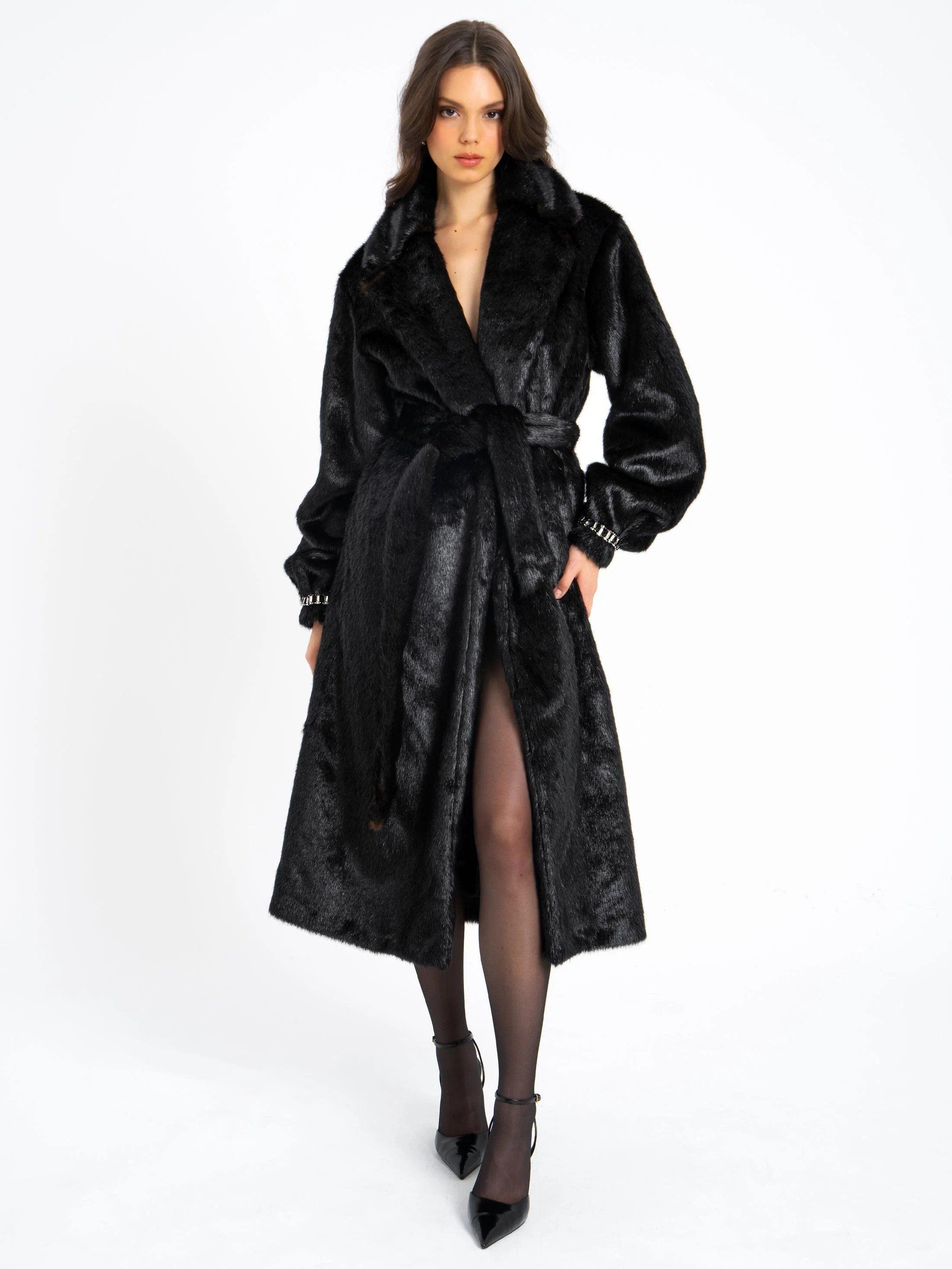 Miss Circle Yahia Black Vegan Long Faux Mink Coat | Shop Simon