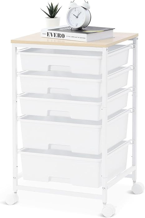 Utility Cart with 5 Drawers,Storage Drawer Cart with Wooden Tabletop and Lockable Wheels,Craft St... | Amazon (US)