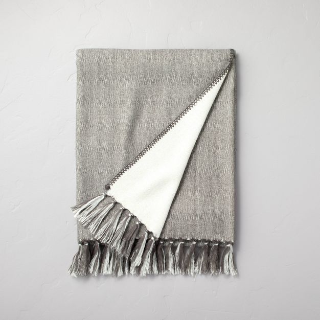 Simple Center Stripe with Knotted Fringe Throw Blanket Gray/Cream - Hearth & Hand™ with Magnoli... | Target