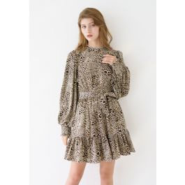 Buttoned Leopard Print Puff Sleeves Ruffle Dress | Chicwish