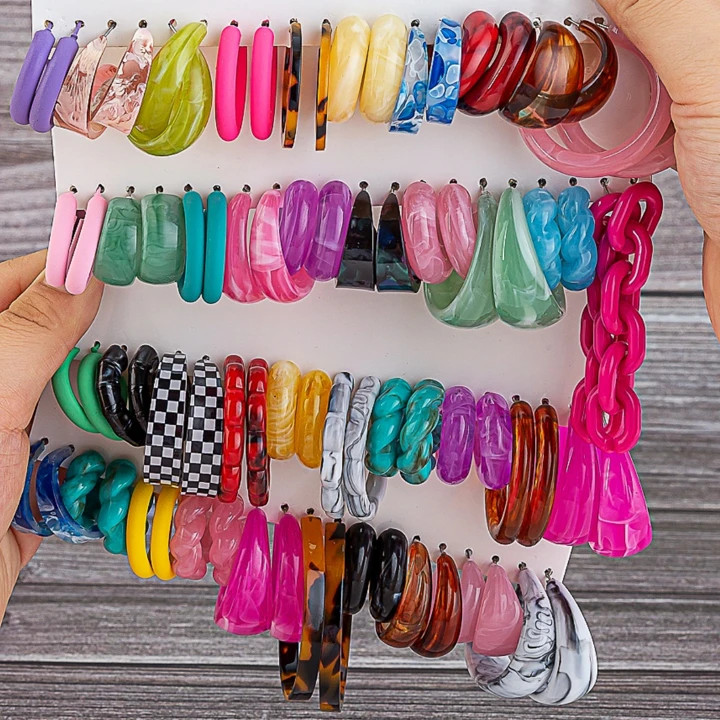 10-40 Pairs New Acrylic Resin C-Shaped Colorblock Long Chain Earrings Set | SHEIN