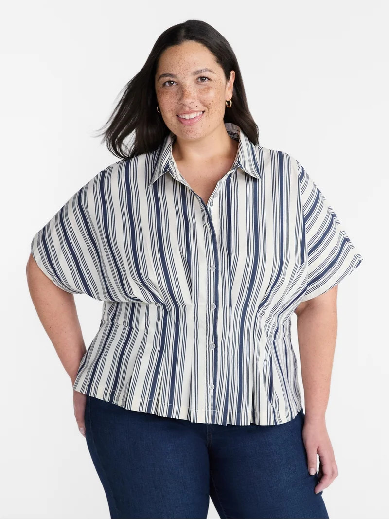 Terra & Sky Fit and Flare Blouse with Short Sleeves, Sizes 0X-5X | Walmart (US)