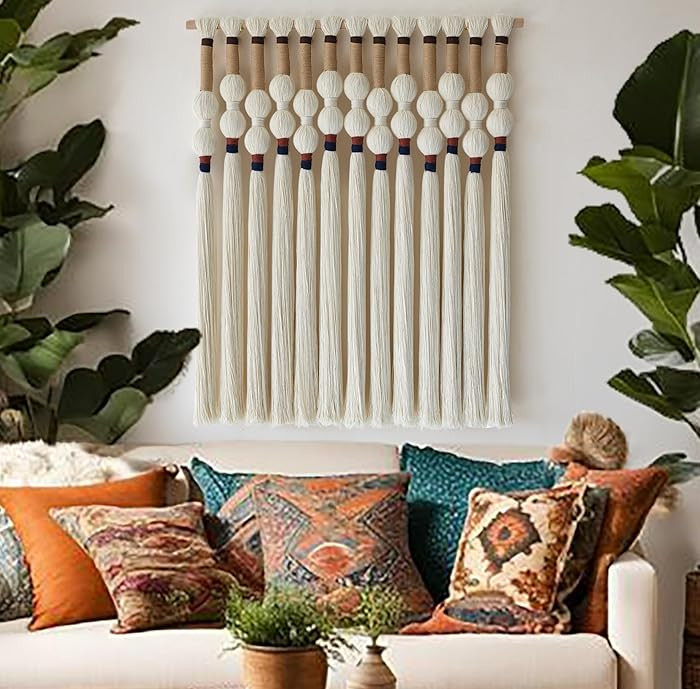 Flber Macrame Wall Hanging Boho Wall Art Handmade Spherical Knot Design with Tassel Fringe, Boho ... | Amazon (US)