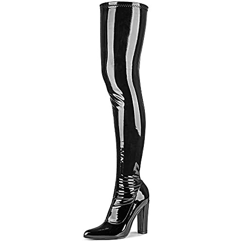 WSKEISP Women's Thigh High Black Boots 70s GOGO Over The Knee High Long Fall Winter Boots Pointed Toe Patent Leather PU | Amazon (US)