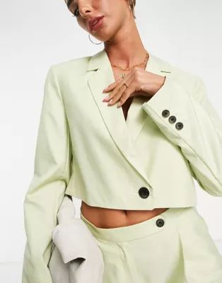 ASOS DESIGN cropped suit jacket in washed lime | ASOS (Global)
