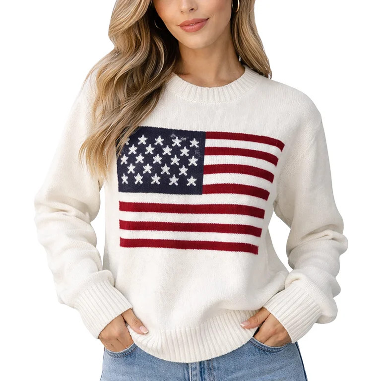 God Merch American Flag Knit Sweater Patriotic USA Pullover Long Sleeve Lightweight Round Neck Sw... | Walmart (US)