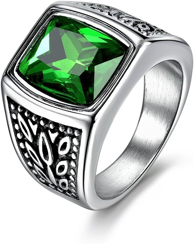 MASOP Jewelry Men's Stainless Steel Wide Identify Ring Green Emerald Color Square Stone | Amazon (US)