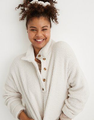 Aerie Cloud Sherpa Oversized Button Pullover | American Eagle Outfitters (US & CA)