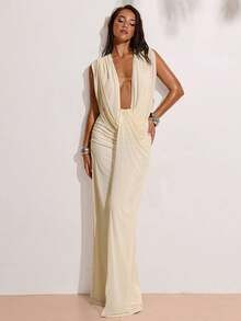 LocalSHEIN BAE Women's White Summer Seductive Vacation Plunging Neckline Maxi Dress,Suitable For ... | SHEIN