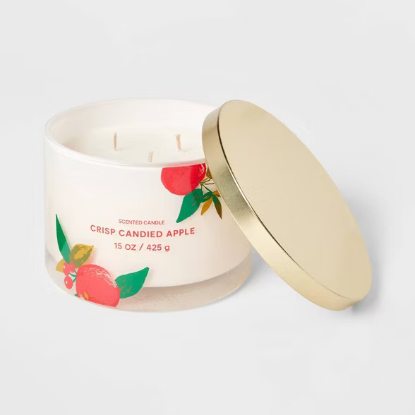 15oz Lidded Glass Jar Cream Apple Print3-Wick Crisp Candied Apple Candle - Opalhouse™ | Target