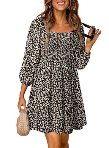 Dokotoo Womens Fall Dresses for Women 2025 Wedding Guest Boho Floral Square Neck 3/4 Sleeve Smocked Empire Waist Ruffle A Line Bohemian Flowy Mini Babydoll Sun Dress Sundress Vacation Black Large | Amazon (US)