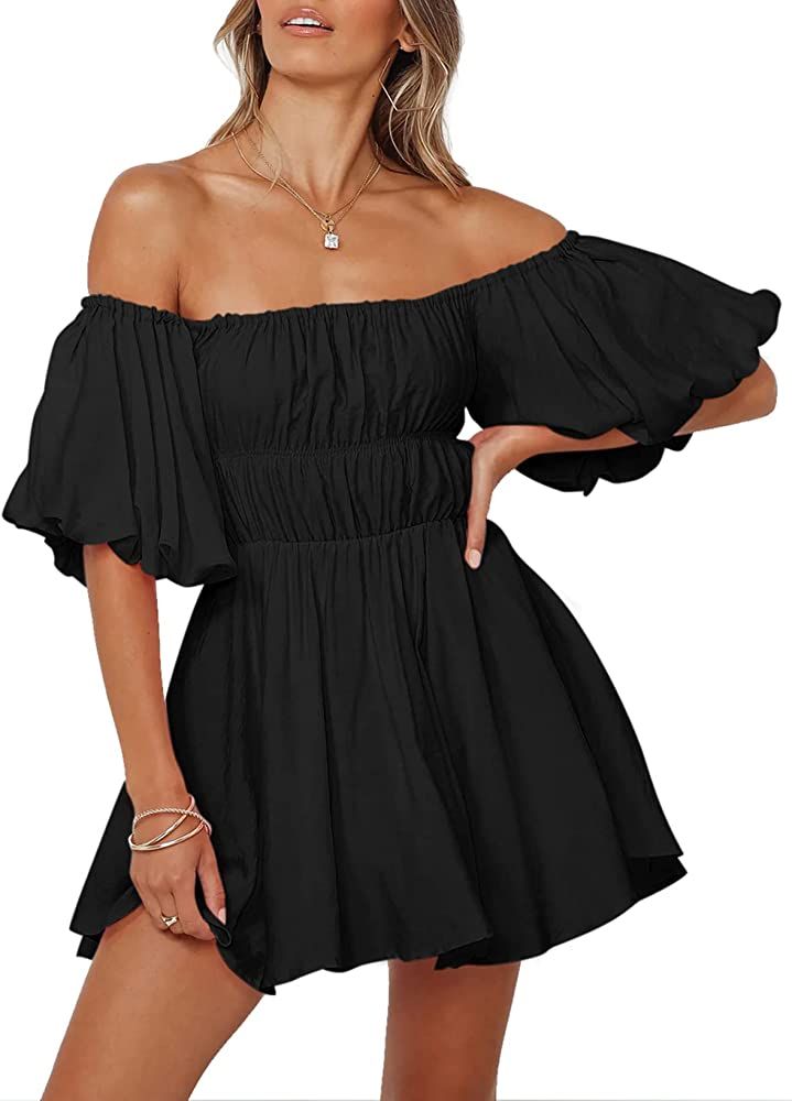 Dokotoo Off Shoulder Summer Dress for Women Short Lantern Sleeve Ruffle A-Line Black Dresses Casu... | Amazon (US)