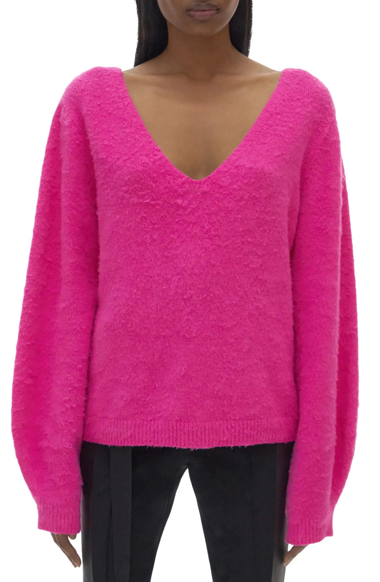 Helmut Lang Double V-Neck Brushed Cotton Blend Sweater, Size Small in Disco Pink at Nordstrom | Nordstrom