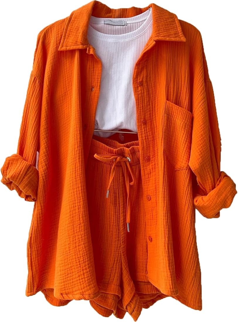 PEHMEA Women's Two Piece Outfits Button Down Shirt and Elastic High Waisted Shorts Cotton Linen S... | Amazon (US)