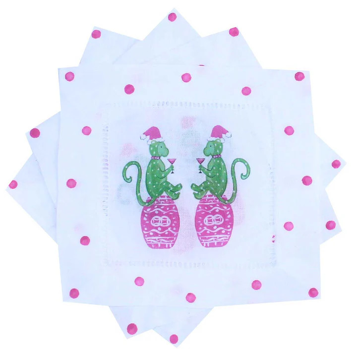 Chinoiserie Holiday Monkey Linen Cocktail Napkins | Lemondaisy Design