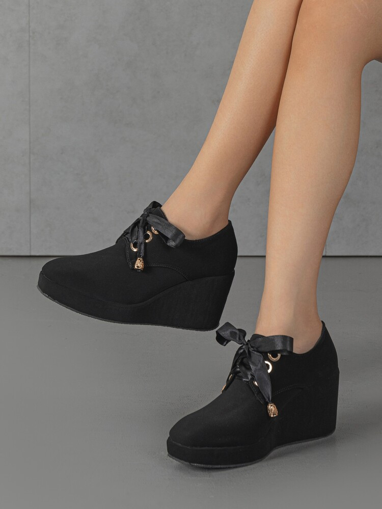 Lace-up Front Faux Suede Wedge Oxford Shoes | SHEIN