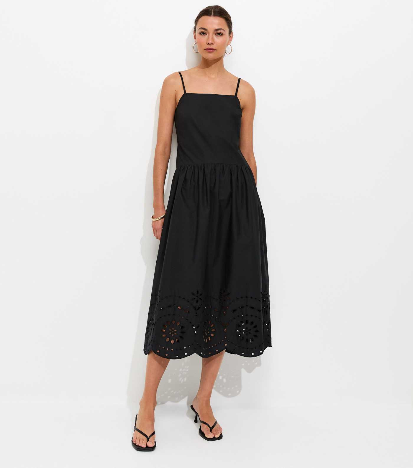 Black Broderie Anglaise Hem Cami Midi Dress | New Look | New Look (UK)