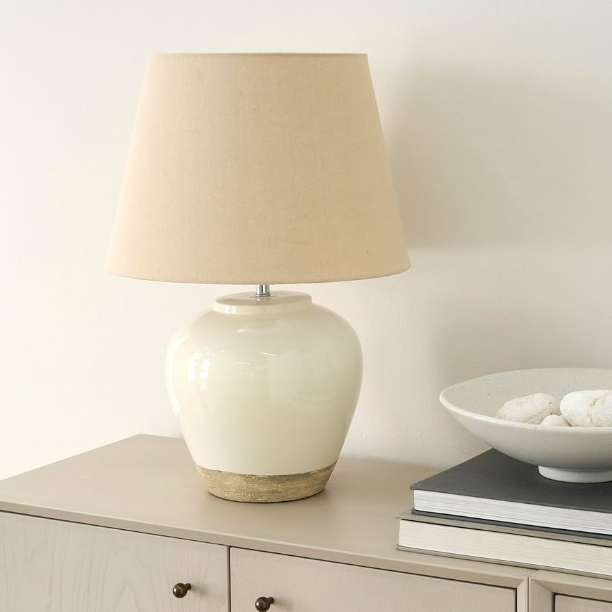 Nourison 20" White/Sand Farmhouse Ceramic Pot Table Lamp for Bedroom, Living Room, Console, Entry... | Amazon (US)