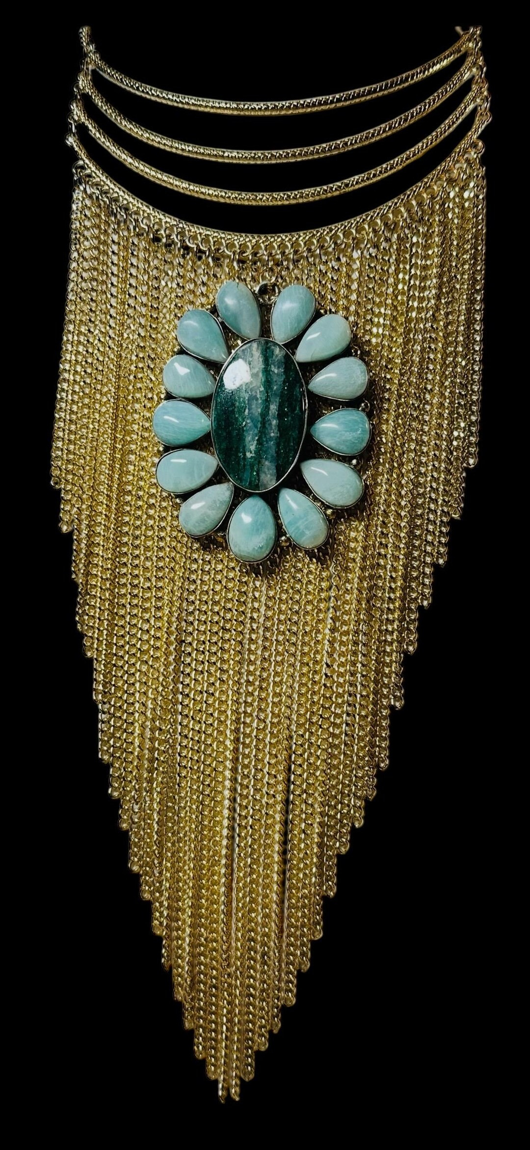 Marina-vintage Agate Sterling Silver Statement Necklace • 1970s Gold Fringe Bib • Aqua Agate ... | Etsy (US)