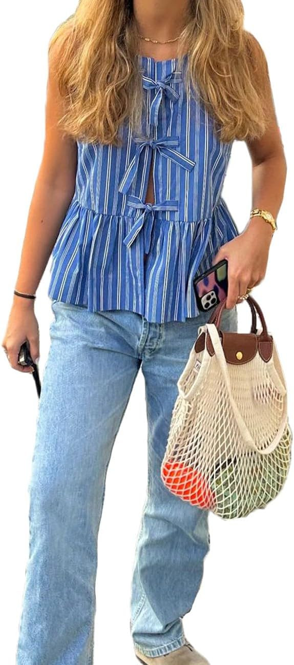 Women Y2K Tie Front Tank Top Sleeveless Peplum Crop Top Babydoll Ruffle Hem Vest Tops Cute Summer | Amazon (US)