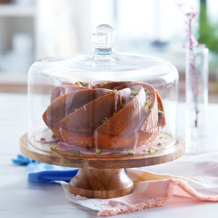 Libbey Acaciawood Footed Round Wood Server Cake Stand with Glass Dome | Wayfair North America
