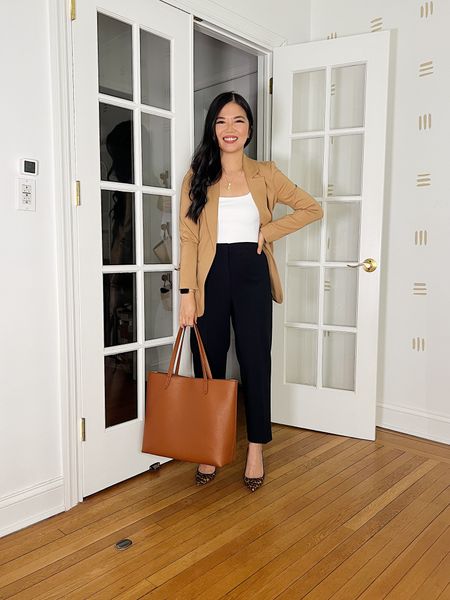 Tan blazer (XS)
White tank top (S)
White cropped tank
Black pants (4P)
Black work pants
Black tote bag with zipper
Leopard pumps
Express
Ann Taylor
Business professional outfit
Business casual outfit
Work outfit
Neutral outfit

#LTKunder100 #LTKSeasonal #LTKworkwear