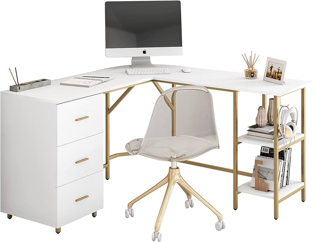 Techni Mobili L Shaped Desk - Two-Toned Computer Desk with Drawers & Storage Shelves - Simple Mod... | Amazon (US)