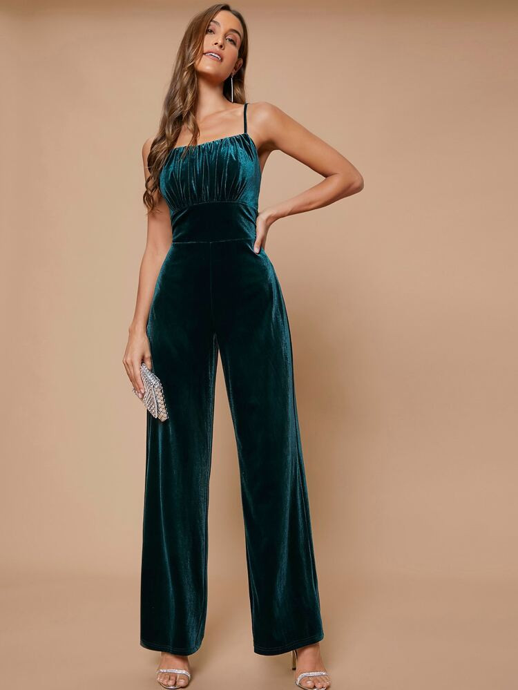 SHEIN Belle Ruched Bust Velvet Cami Jumpsuit | SHEIN